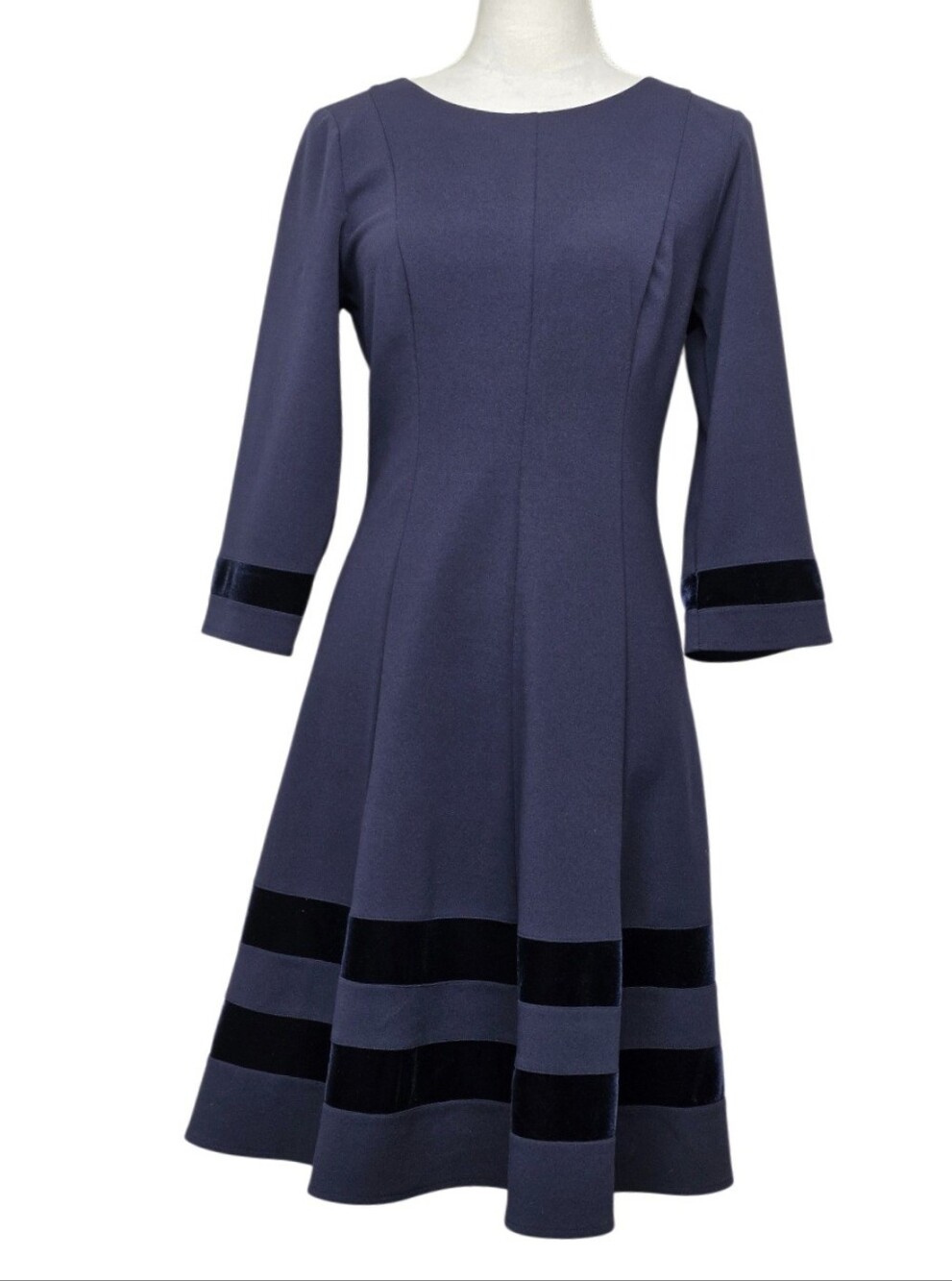 Jessica Howard Navy Fit-and-Flare Midi Dress with Velvet Bands Size 10